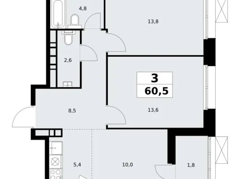 3 room apartment 61 m² Kommunarka, Russia