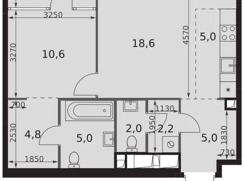 2 room apartment 57 m² Moscow, Russia