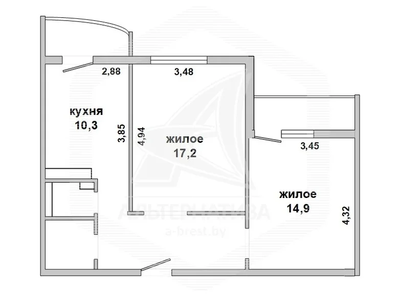 Квартира 2 комнаты 57 м² Брест, Беларусь