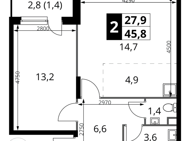 Apartamento 2 habitaciones 46 m² Potapovo, Rusia