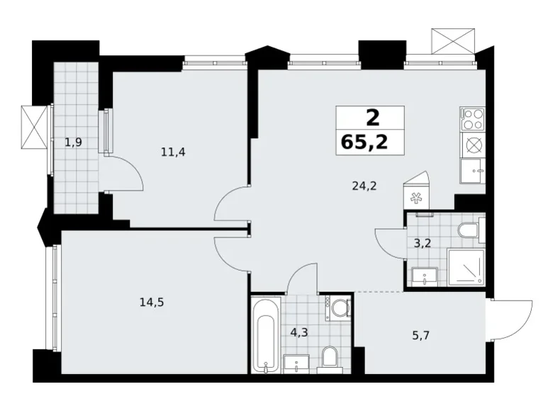 2 room apartment 65 m² Troitsk, Russia