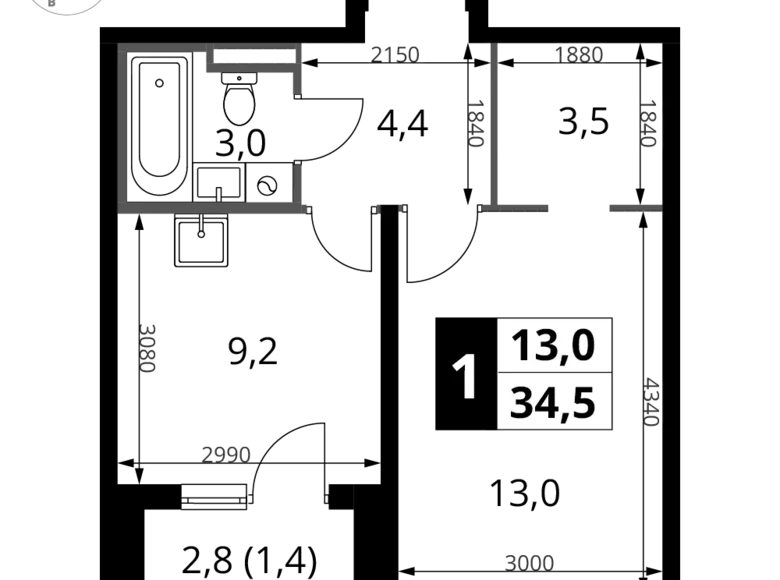 1 room apartment 35 m² Sapronovo, Russia