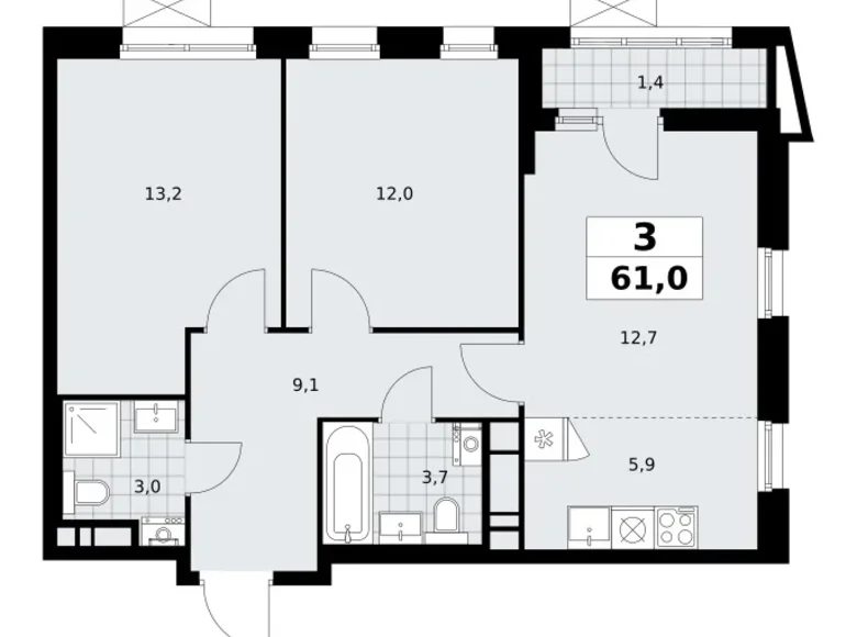 Appartement 3 chambres 61 m² poselenie Sosenskoe, Fédération de Russie