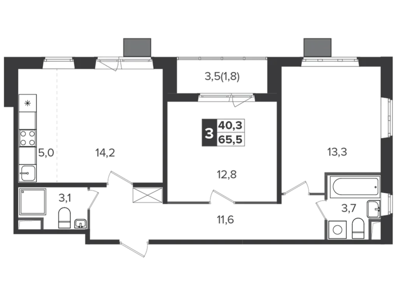 3 room apartment 65 m² Leninsky District, Russia