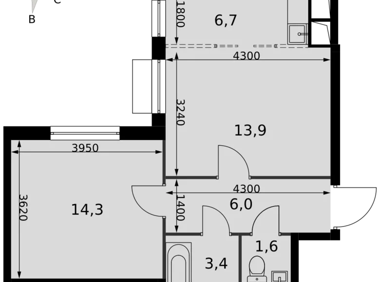 2 room apartment 46 m² Razvilka, Russia