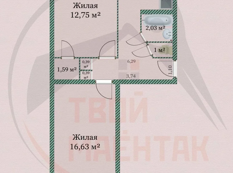 2 room apartment 47 m² Barysaw District, Belarus