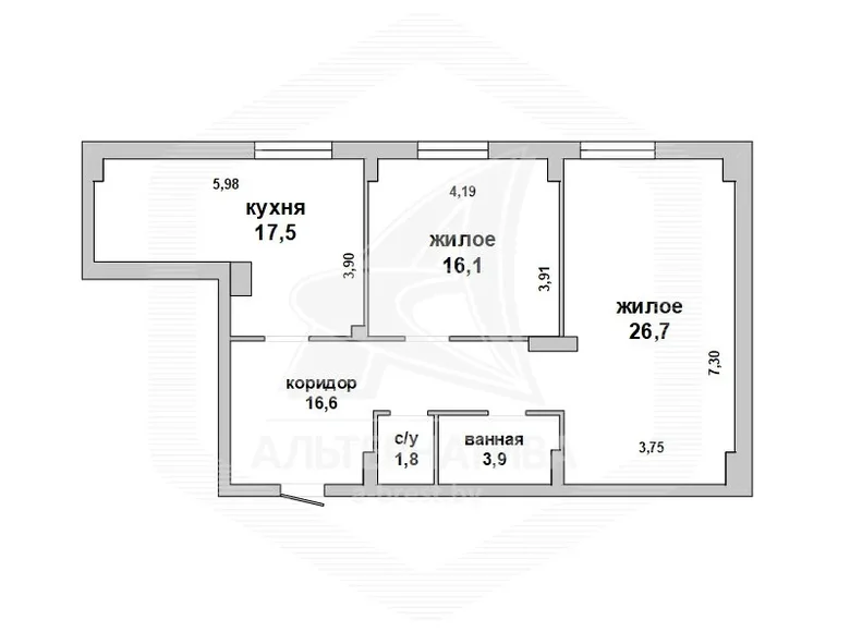 2 room apartment 83 m² Pruzhany, Belarus