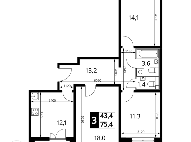 Квартира 3 комнаты 75 м² район Некрасовка, Россия