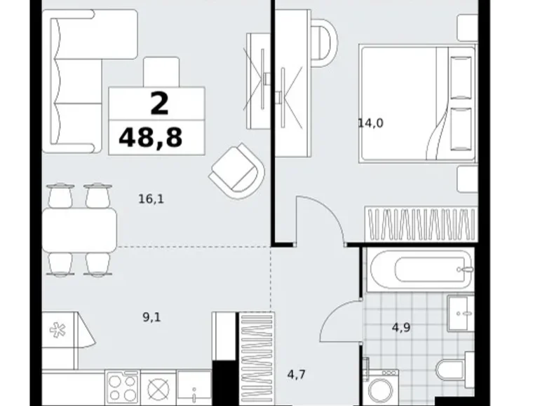 2 room apartment 49 m² Kommunarka, Russia