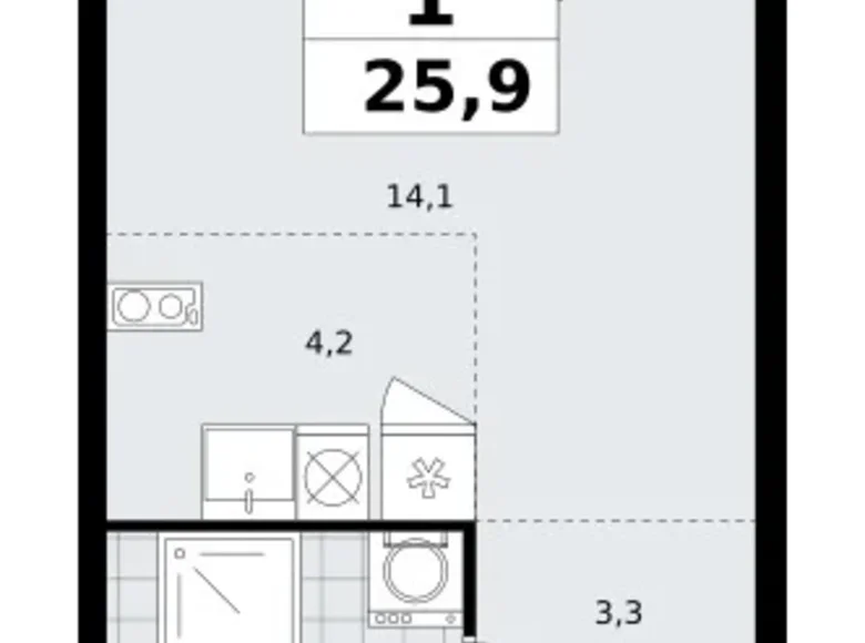 Квартира 1 комната 26 м² Юго-Западный административный округ, Россия