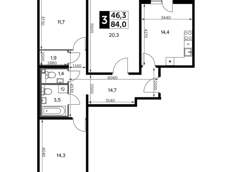 3 room apartment 84 m² South-Western Administrative Okrug, Russia