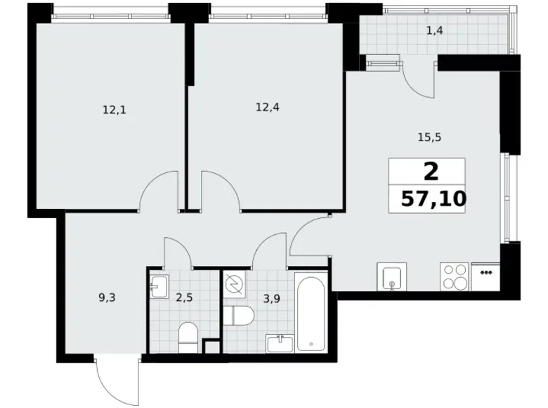 2 room apartment 57 m² Postnikovo, Russia