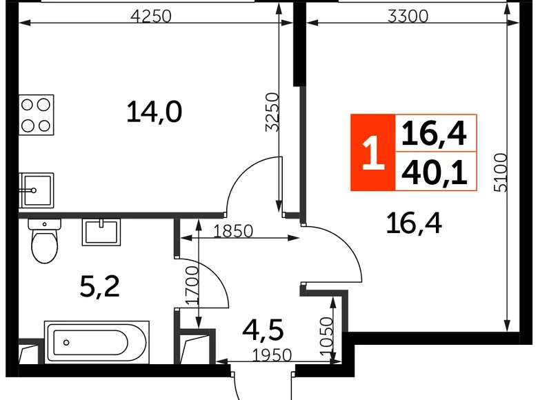 1 room apartment 40 m² North-Western Administrative Okrug, Russia