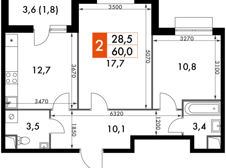 2 room apartment 60 m² Razvilka, Russia