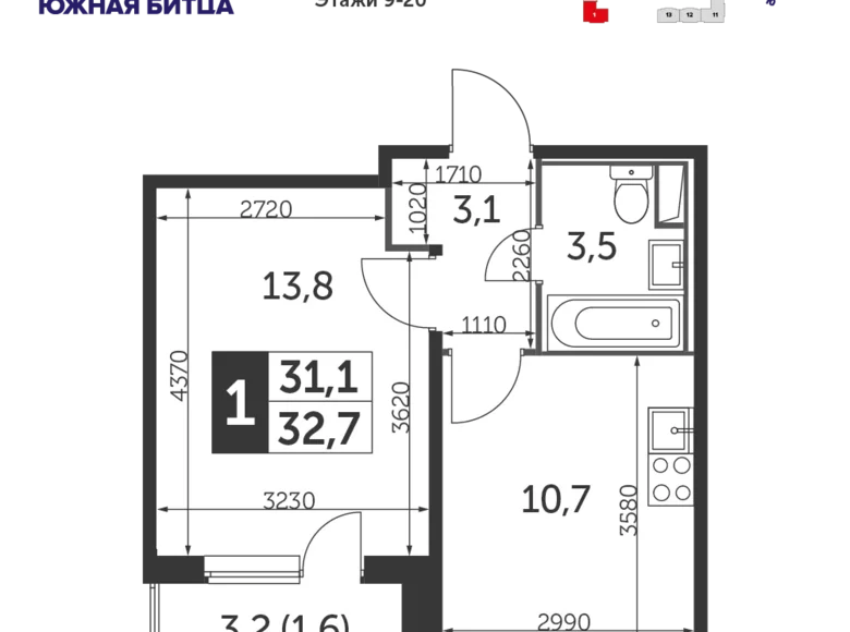 1 room apartment 33 m² Leninsky District, Russia