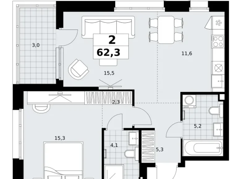 2 room apartment 62 m² Kommunarka, Russia