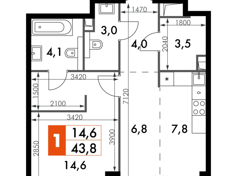 Квартира 1 комната 44 м² Северо-Западный административный округ, Россия