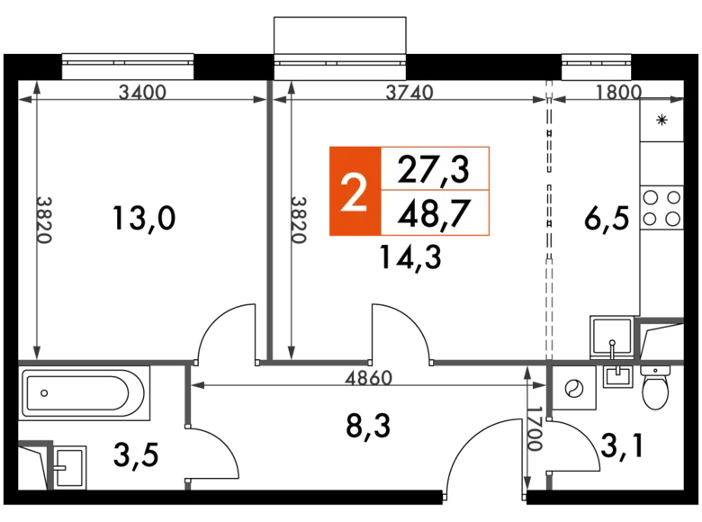 Mieszkanie 2 pokoi 49 m² Razvilka, Rosja