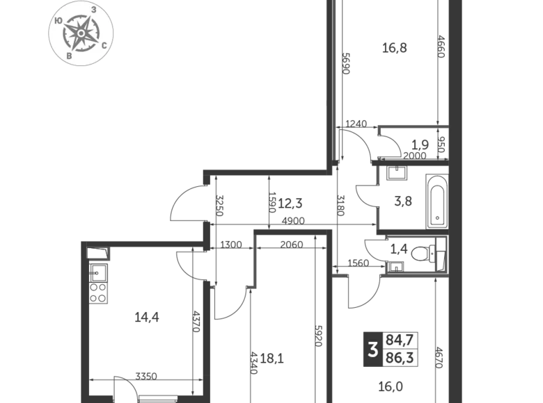 Квартира 3 комнаты 87 м² район Некрасовка, Россия