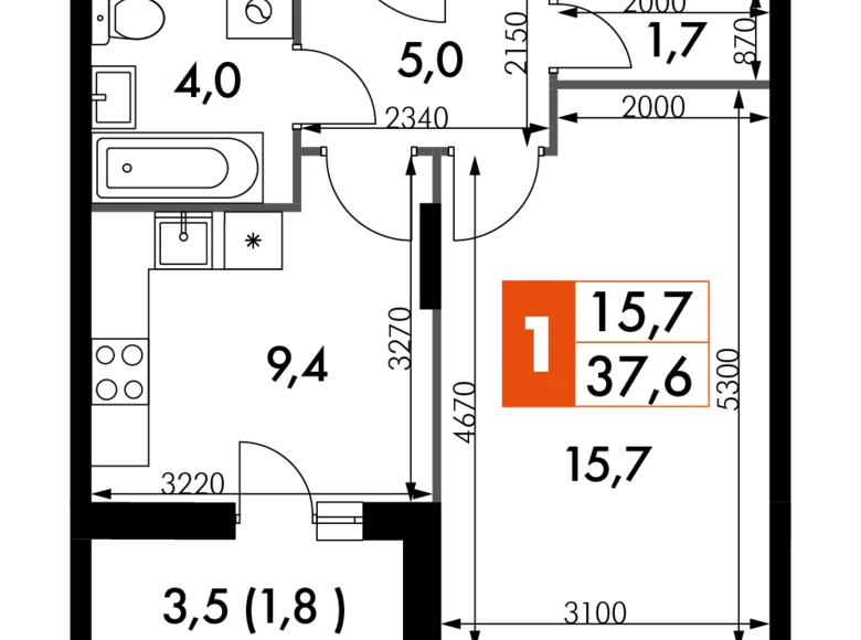 Mieszkanie 1 pokój 38 m² Razvilka, Rosja