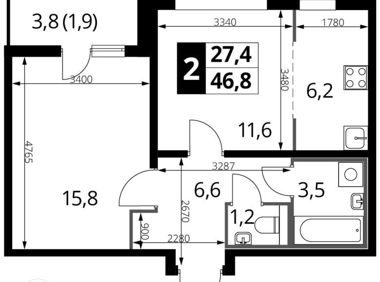 Квартира 2 комнаты 47 м² район Некрасовка, Россия