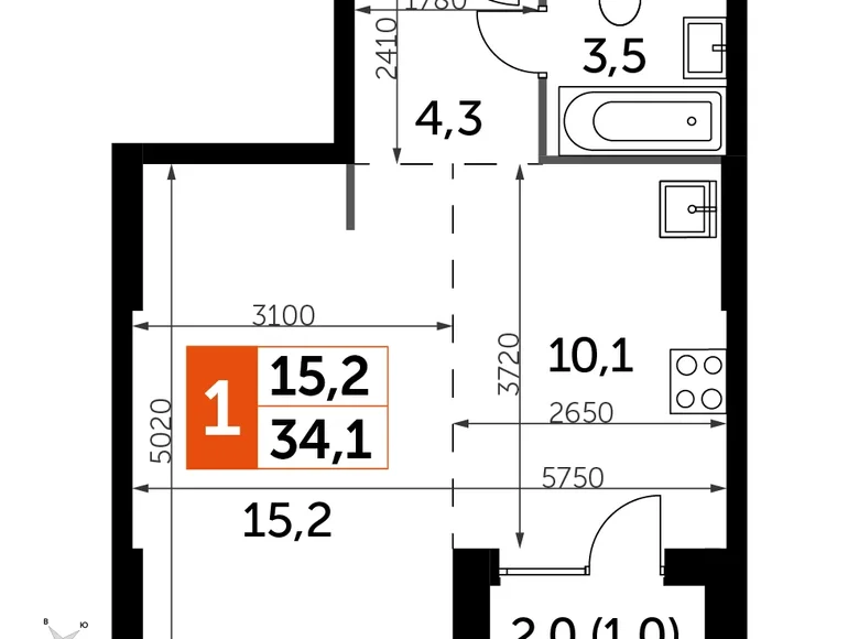 Квартира 1 комната 34 м² Северо-Западный административный округ, Россия