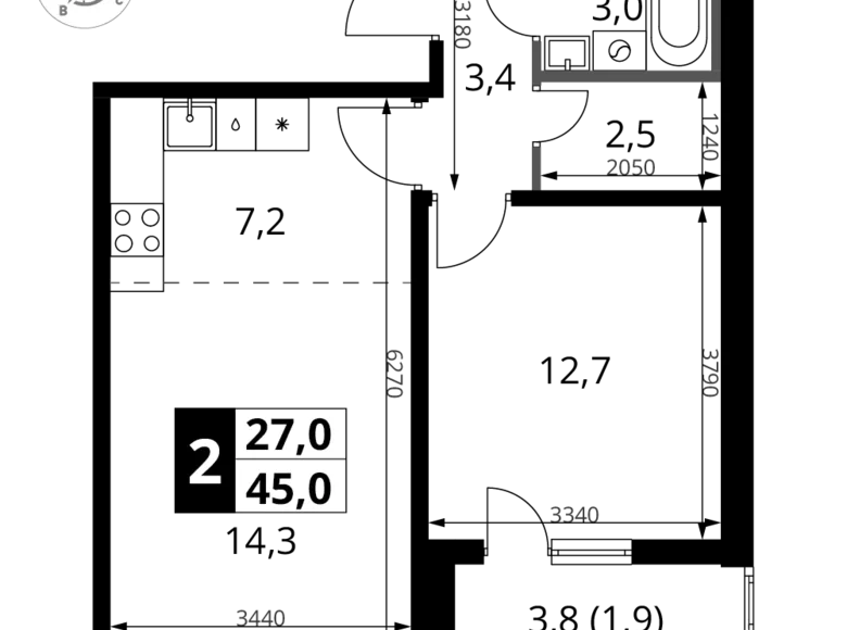 2 room apartment 45 m² Sapronovo, Russia
