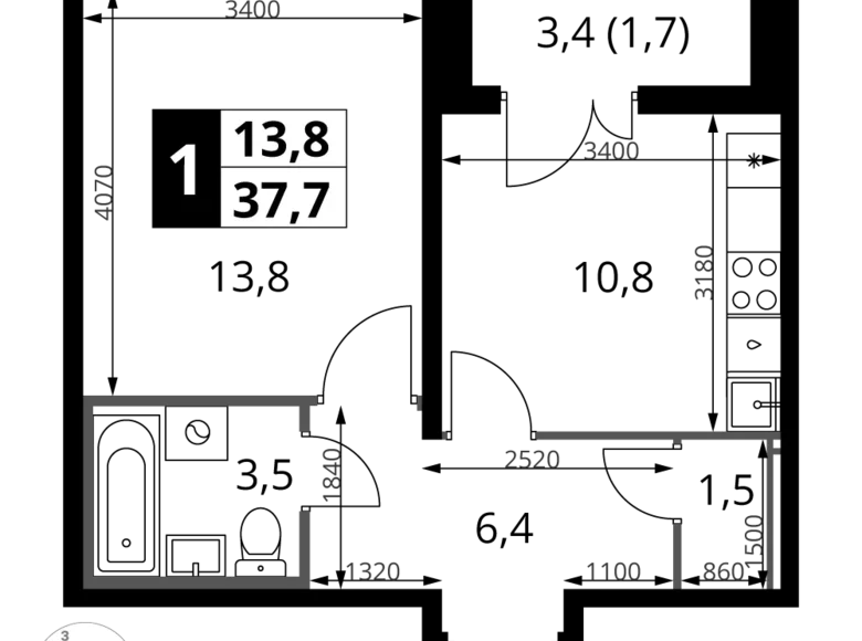 Apartamento 1 habitación 38 m² Leninsky District, Rusia