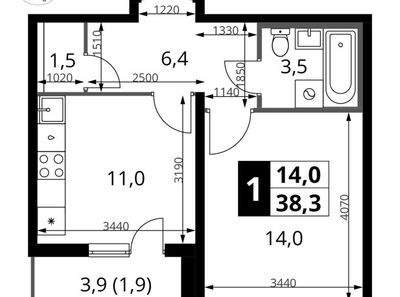 Квартира 1 комната 38 м² Ленинский район, Россия