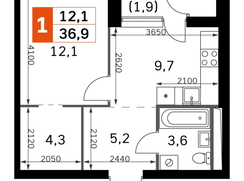 1 room apartment 37 m² Moscow, Russia