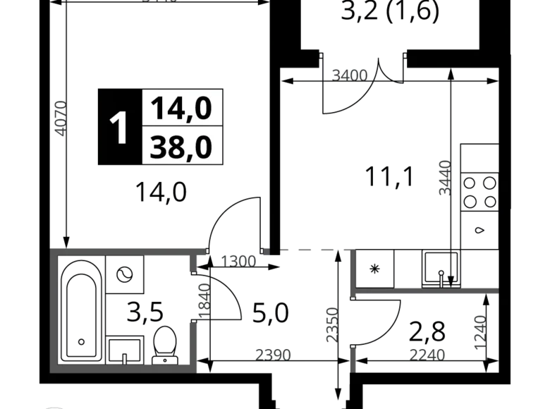 Квартира 1 комната 38 м² Ленинский район, Россия