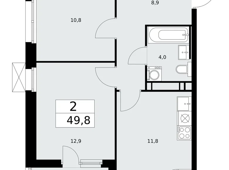 2 room apartment 50 m² Moscow, Russia