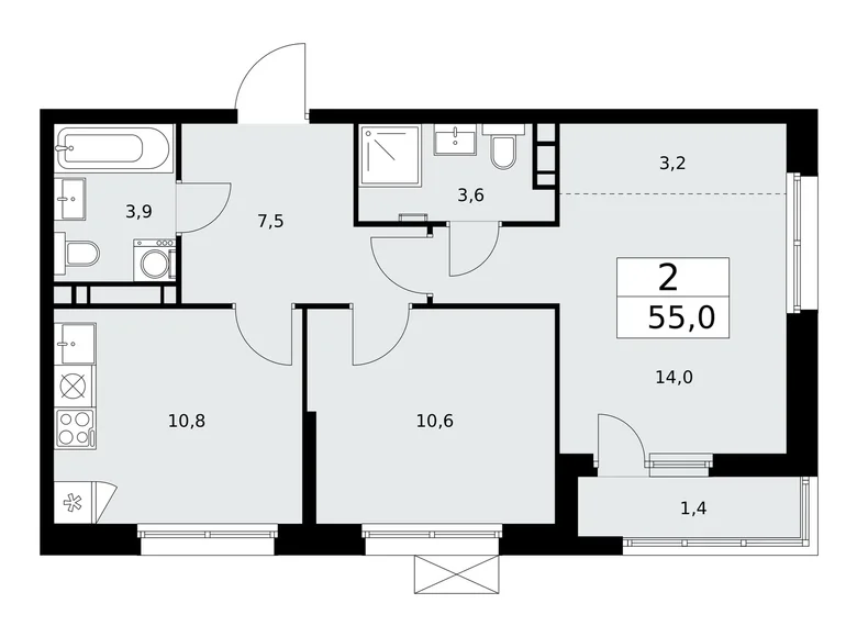 2 room apartment 55 m² Moscow, Russia