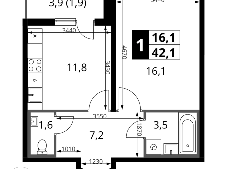 1 room apartment 42 m² Leninsky District, Russia