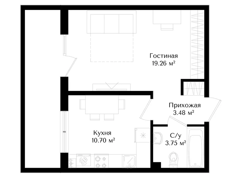 Kvartira 1 xona 37 m² Toshkentda