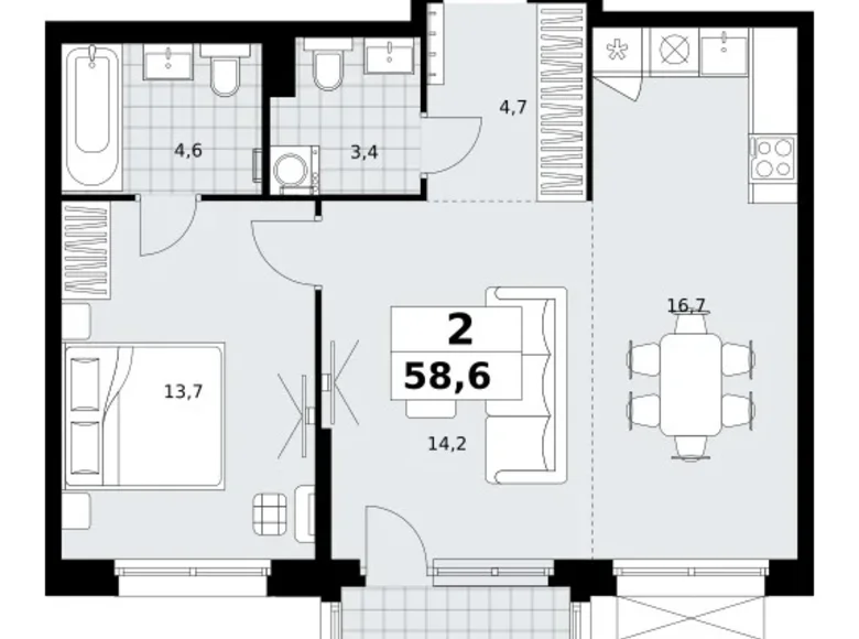 2 room apartment 59 m² Kommunarka, Russia