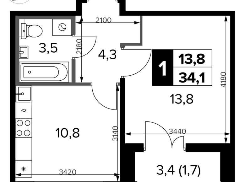 1 room apartment 34 m² Potapovo, Russia