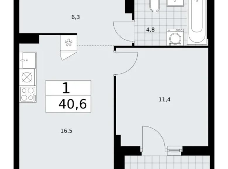 Квартира 1 комната 41 м² район Троицк, Россия