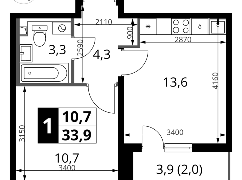 1 room apartment 34 m² Leninsky District, Russia