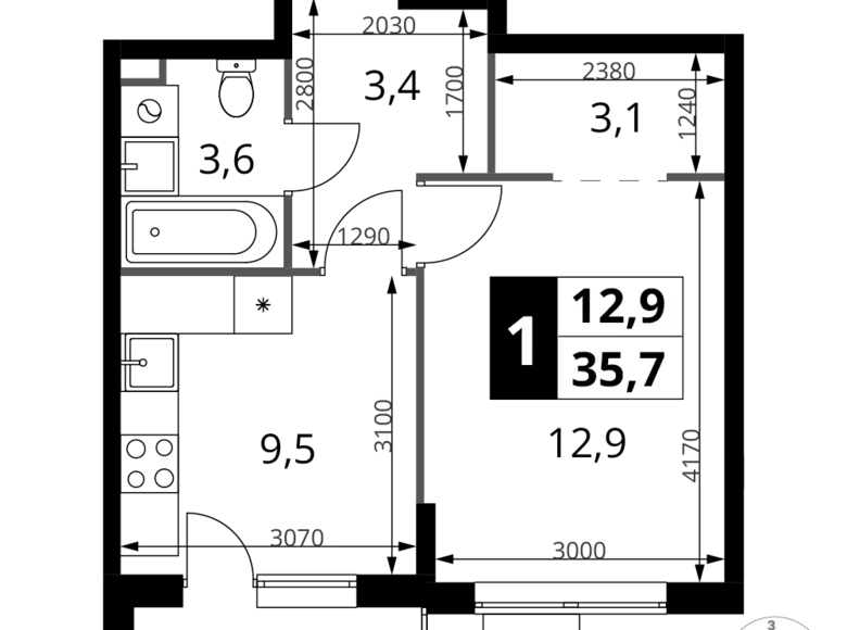 Квартира 1 комната 36 м² Химки, Россия