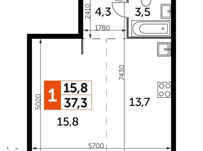 1 room apartment 37 m² North-Western Administrative Okrug, Russia