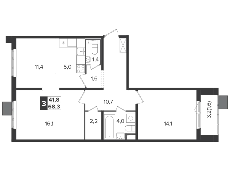 3 room apartment 68 m² Leninsky District, Russia