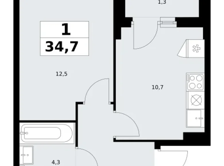 1 room apartment 35 m² Troitsk, Russia