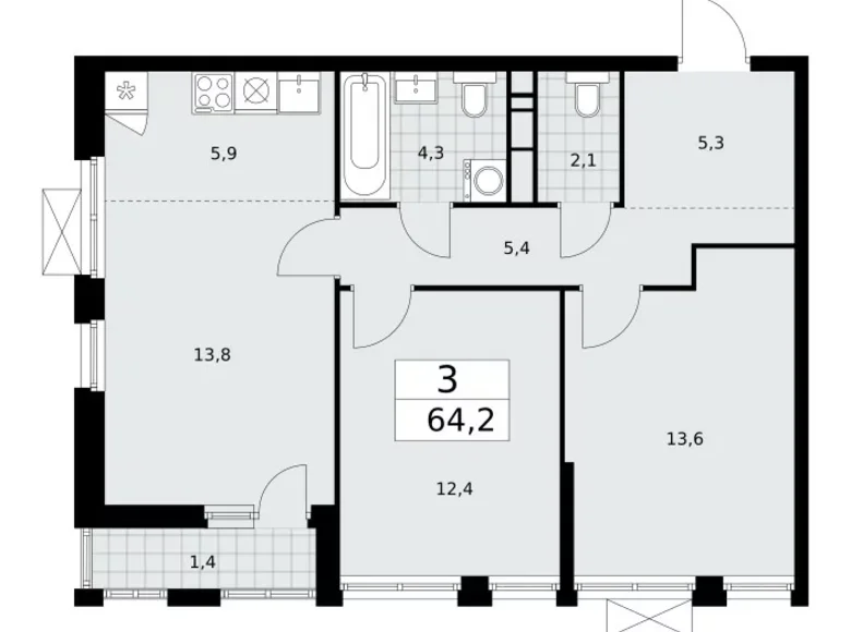 Appartement 3 chambres 64 m² poselenie Sosenskoe, Fédération de Russie