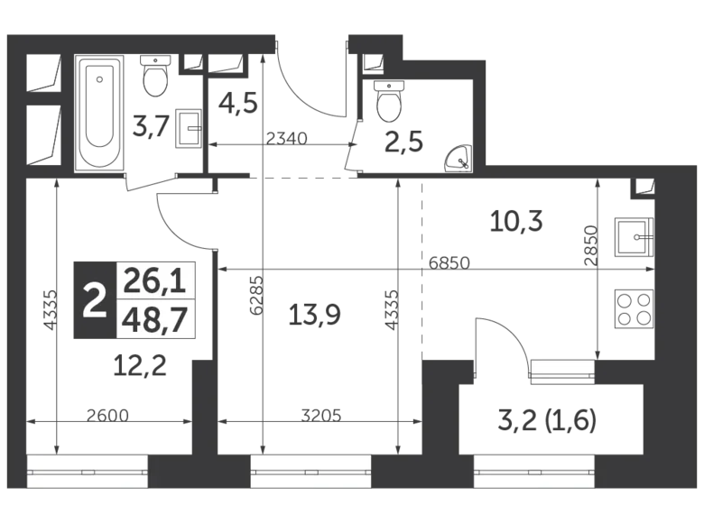 Mieszkanie 2 pokoi 49 m² North-Eastern Administrative Okrug, Rosja