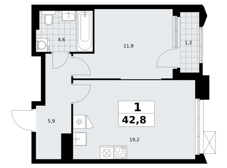 Квартира 1 комната 43 м² район Троицк, Россия