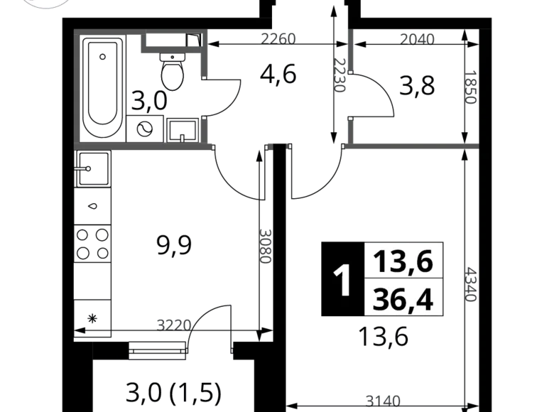 Appartement 1 chambre 36 m² Potapovo, Fédération de Russie