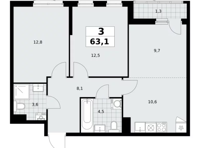 3 room apartment 63 m² poselenie Sosenskoe, Russia