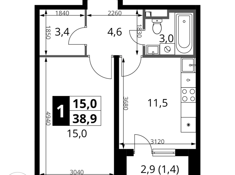 Квартира 1 комната 39 м² Potapovo, Россия