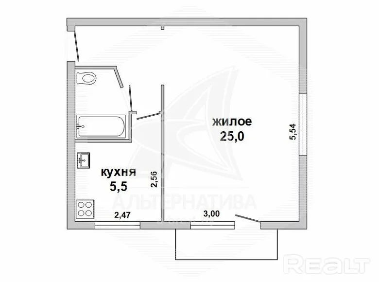 1 room apartment 39 m² Brest, Belarus